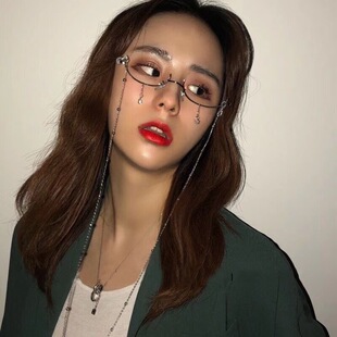 下半框眼镜网红同款水滴无镜片ins女带链条吊坠装饰平光镜眼镜架
