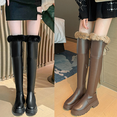 冬厚底平底兔毛带毛毛加绒加厚雪地靴过膝长靴子女长筒靴高筒靴40