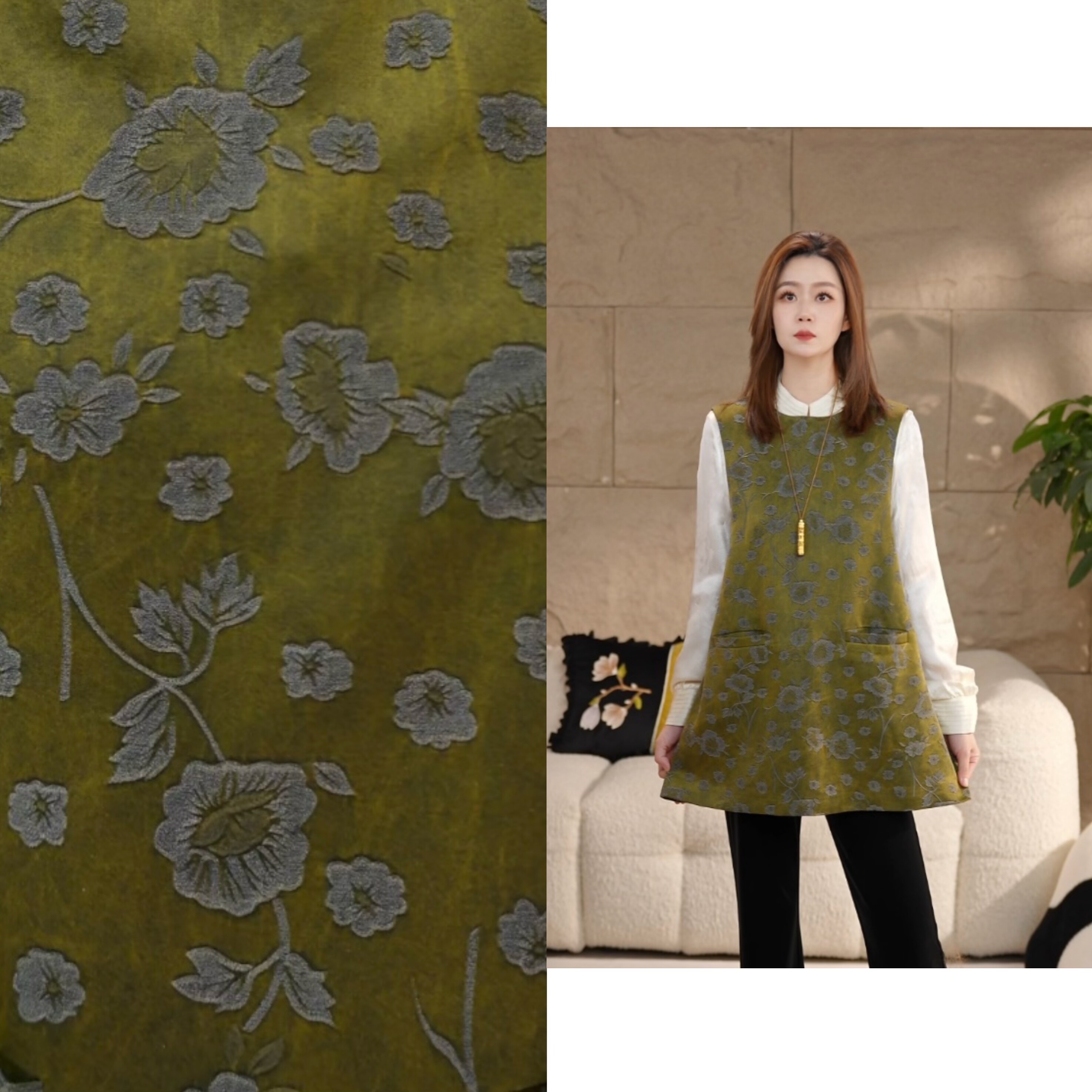 Miss.Z【叠翠】新中式秋季女装背心人丝浮雕提花显瘦马甲裙#m9052