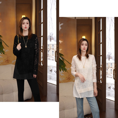 Miss.Z【白色蕾丝勾花优雅】百搭宽松显瘦长袖中长款上衣#01151