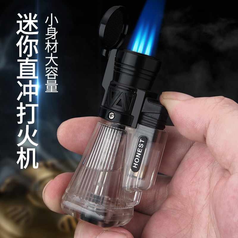 百诚金属充气防风三直冲蓝焰打火机透明气箱大火雪茄喷枪点香艾灸
