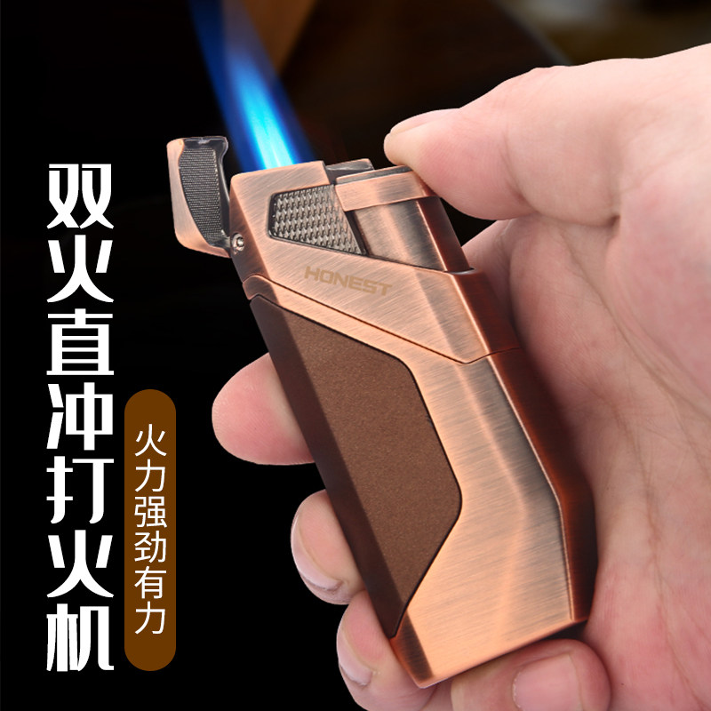 百诚可充气金属双喷头直冲蓝焰防风雪茄打火机带雪茄钻观气窗