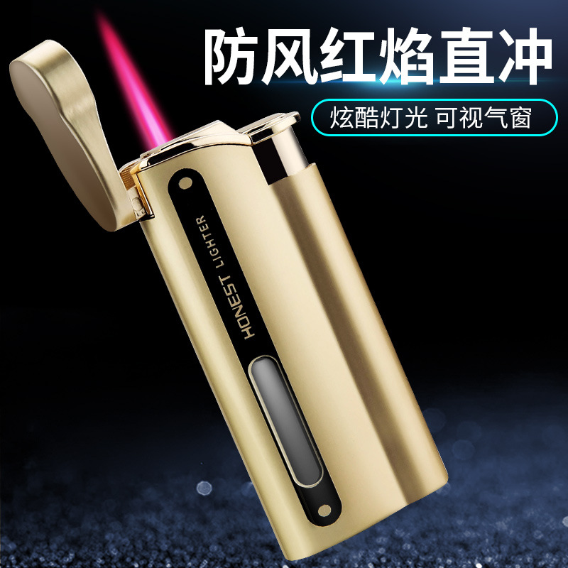 百诚金属创意个性超薄防风直冲充气打火机红焰透明气箱带灯送男友