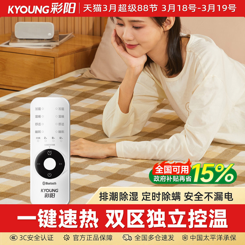 彩阳单人除螨电褥子学生宿舍定时双人双控调温官方正品加热电热毯