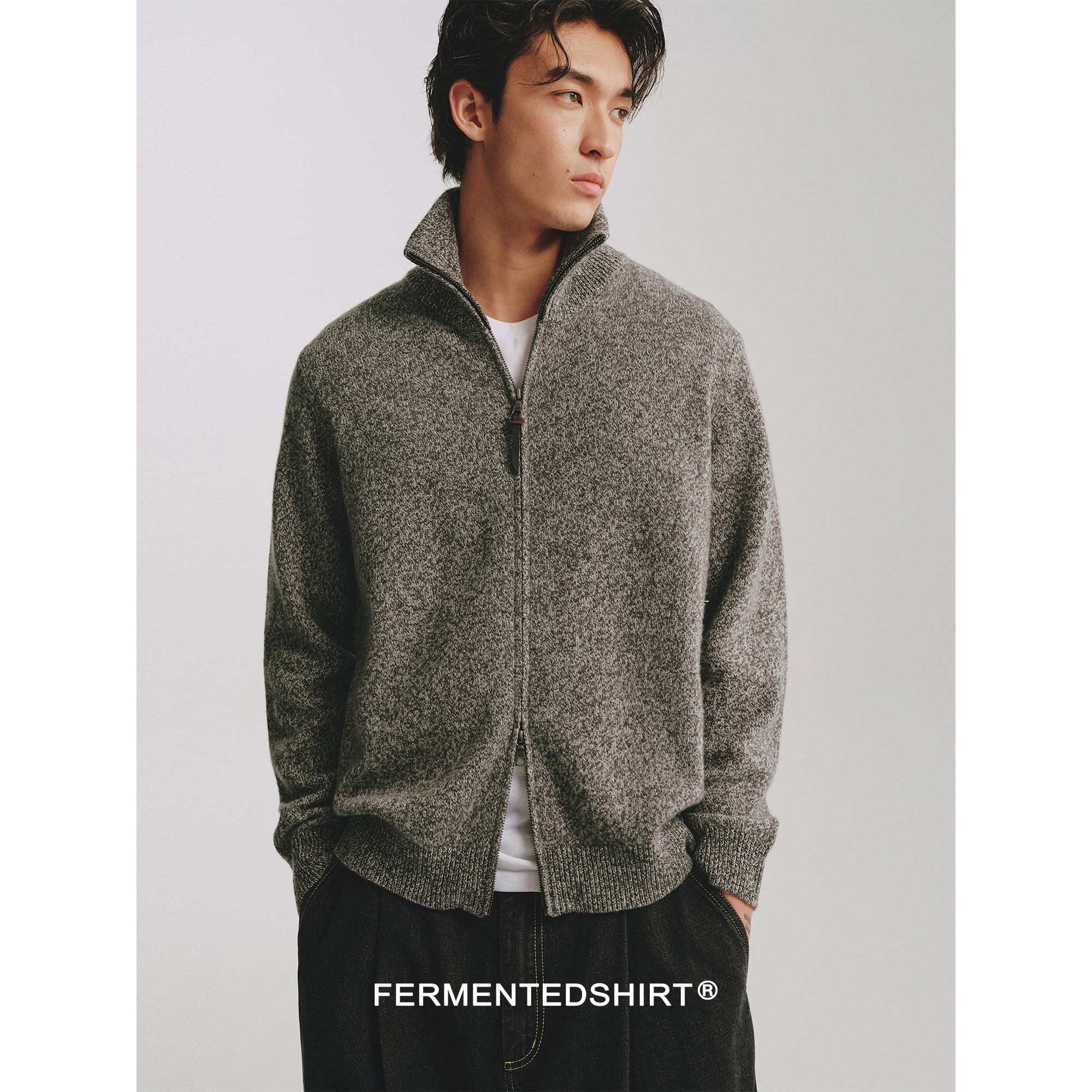 FERMENTEDSHIRT/26秋冬100羊毛高领双开拉链杂花色针织开衫毛衣