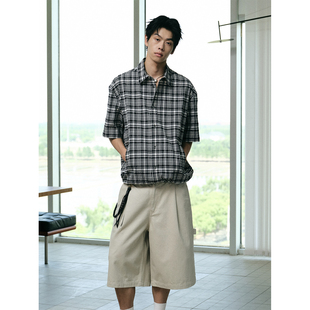 FERMENTEDSHIRT/夏盐缩色织格纹短宽抽绳设计短袖衬衫