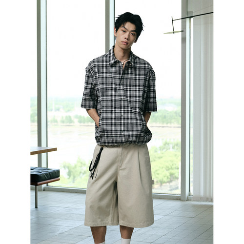 FERMENTEDSHIRT/夏盐缩色织格纹短宽抽绳设计短袖衬衫