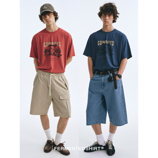 FERMENTEDSHIRT26夏水洗做旧感美式复古印花“COWBOYS