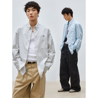 FERMENTEDSHIRT/天蓝色&格子经典复古感宽松休闲长袖衬衫