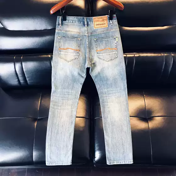 Slim-Fitting High-Quality Stretch Jeans for Men in Spring & Fall, Washed and Distressed, American Mid-Waist Young Pants with Small Feet