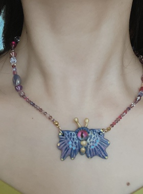 原创软陶蝴蝶项链小众项链进口捷克琉璃水晶枣珠链子