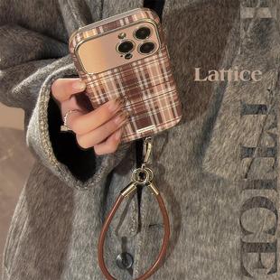 棕色格纹适用iphone16promax手机壳苹果15 14防摔13挂绳16高级17