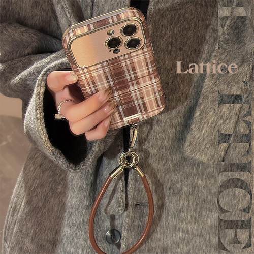 棕色格纹适用iphone16promax手机壳苹果15/14防摔13挂绳16高级17