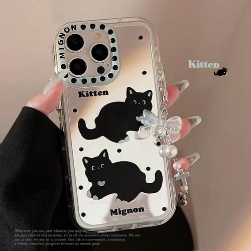 甜酷卡通iphone17promax手机壳苹果16适用11镜面黑色猫咪12挂链13