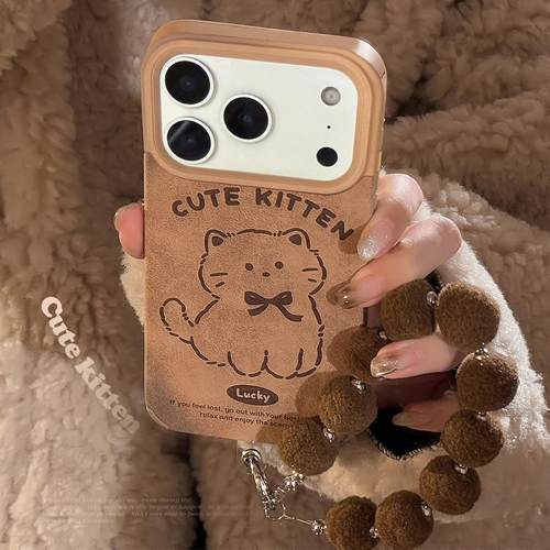 麂皮绒适用苹果17promax手机壳可爱猫咪iphone16棕色手链13简约15