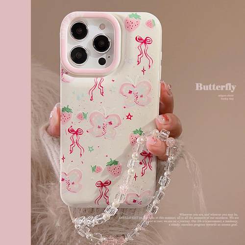 ins粉色蝴蝶草莓适用苹果15手机壳iphone14pro max16韩风11绳