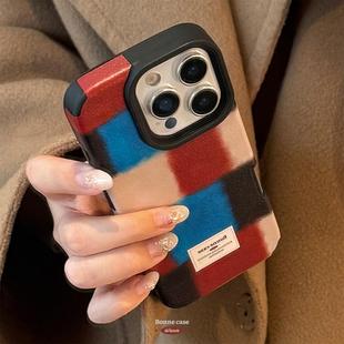 个性 复古格纹拼接适用iphone16promax苹果17手机壳15高级14皮质13