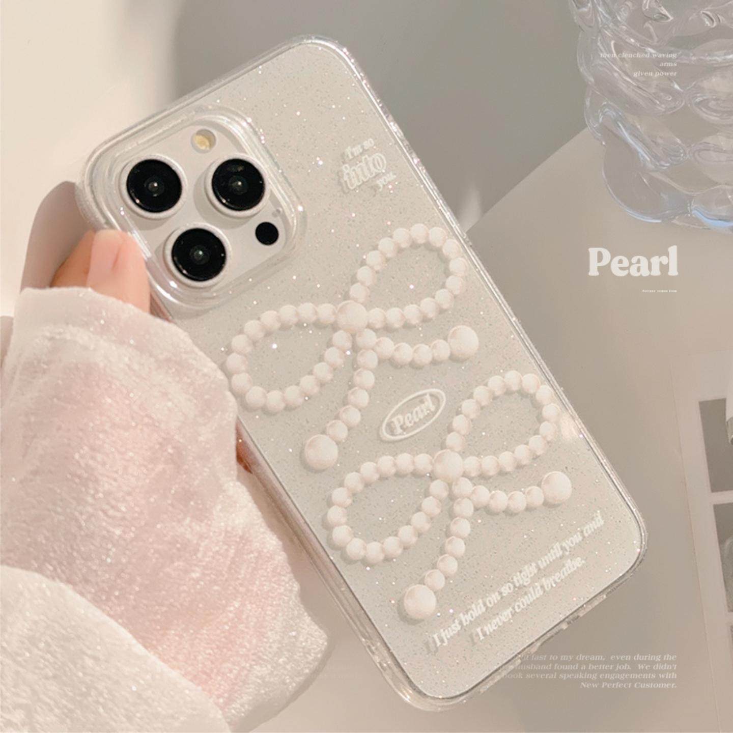 适用苹果17promax手机壳13珍珠蝴蝶结iphone16软11闪粉12轻奢