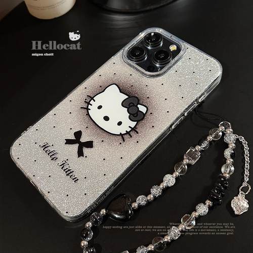 ins可爱黑白猫咪适用苹果15手机壳17挂链iphone13pro max闪粉16软