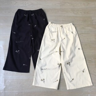 百搭裤 女士夏季 子 日单松紧腰抽绳棉麻宽松刺绣直筒休闲阔腿裤 女装