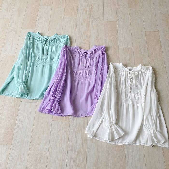 女装日单圆领系带套头喇叭长袖半透视纯色雪纺A字型褶皱夏季衬衫