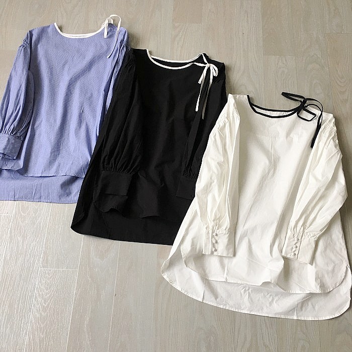 女装日单圆领系带套头宽松纯棉纯色泡泡袖长中长款时尚女夏季衬衫