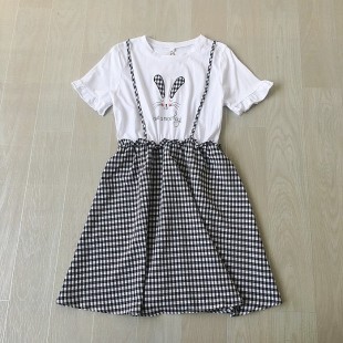 女大童假两件背带松紧腰12-15岁女孩初中生夏可爱格子A字型连衣裙