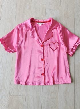 女装欧美风西服领纽扣短袖纯色仿丝绸丝滑可爱家居服睡衣夏季衬衫