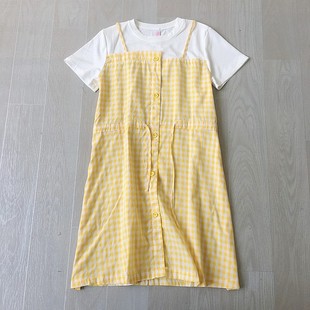 女大童抽绳收腰甜美短袖中长款12-15岁初中生高中生夏季连衣裙