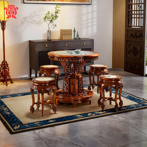 金鼎红木【百子百灵台】缅甸酸枝木云石雕花会客桌休闲圆桌凳组合
