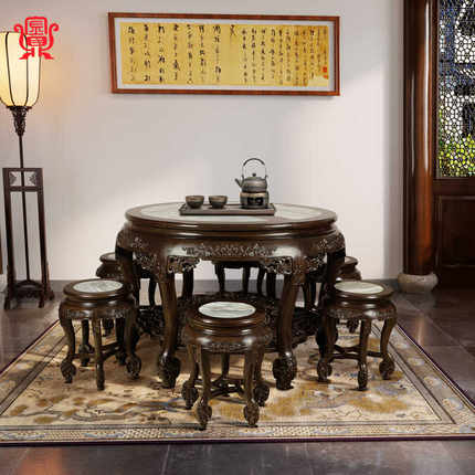金鼎红木餐桌大理石拼圆桌非洲黑檀餐桌椅组合雕花全实木中式家具