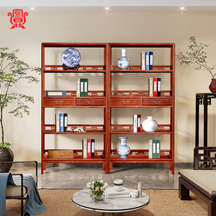 金鼎红木【卡子花围栏架格】缅甸花梨四层敞开式带屉落地明式书架