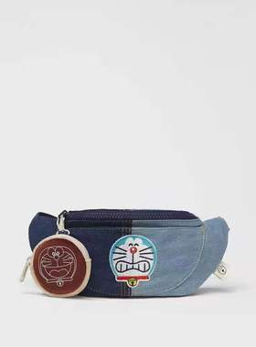 Z家新款儿童男女童卡通腰包刺绣猫猫蓝色牛仔拼色包手机包胸前包