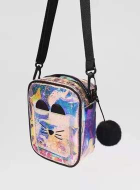 Z家新款儿童成人可背时尚斜挎包闪亮粉色绗绣放手机宝宝绒球包包