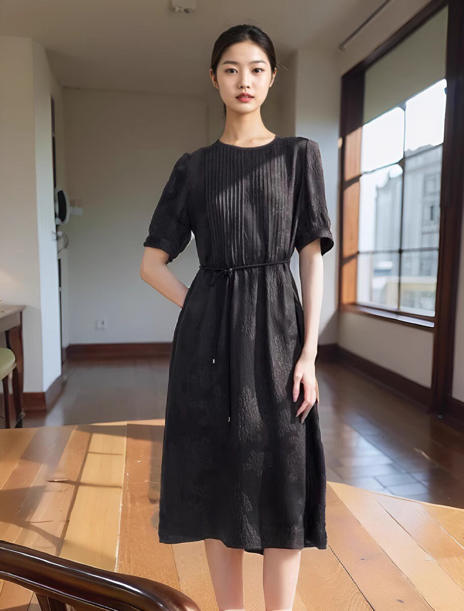 断码专柜黑色真丝连衣裙女新款夏桑蚕丝妈妈收腰显瘦裙子高端