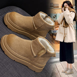 外穿低帮厚底短靴子 加绒加厚保暖棉鞋 真皮雪地靴女士2025新款 冬季