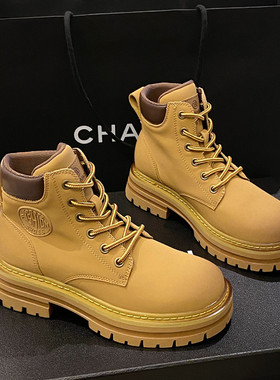 厚底真皮大黄靴马丁靴女2022新款秋冬英伦紫色内增高欧货爆款短靴