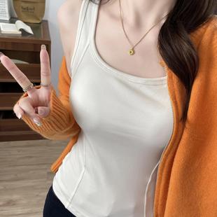 无袖保暖背心胸垫无痕文胸一体冰岛天丝U领罗纹天丝抓毛吊带