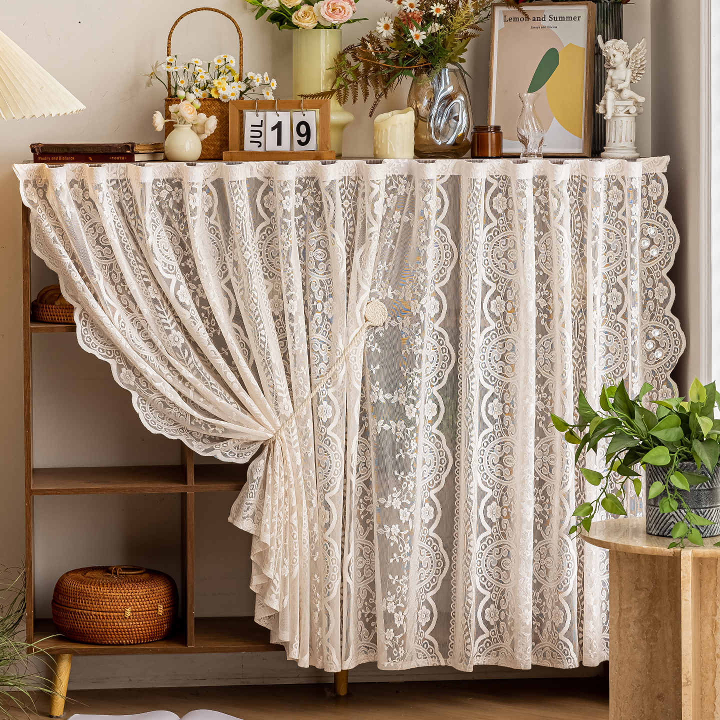 书柜隐私帘蕾丝免钉书架橱柜置物架粘贴纱帘法式布艺柜类遮挡帘布