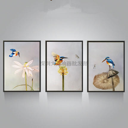 纯手绘现代中式油画荷花工笔花鸟装饰画玄关餐厅三联挂画荷塘春色图片