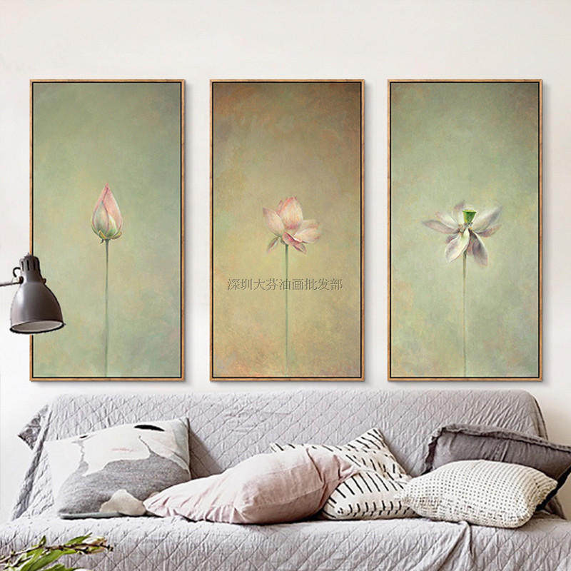 荷韵新中式客厅装饰画沙发背景墙玄关挂画餐厅壁画油画三联水墨画,家居饰品,油画,淘宝优惠券,粉丝福利购,淘宝优惠卷