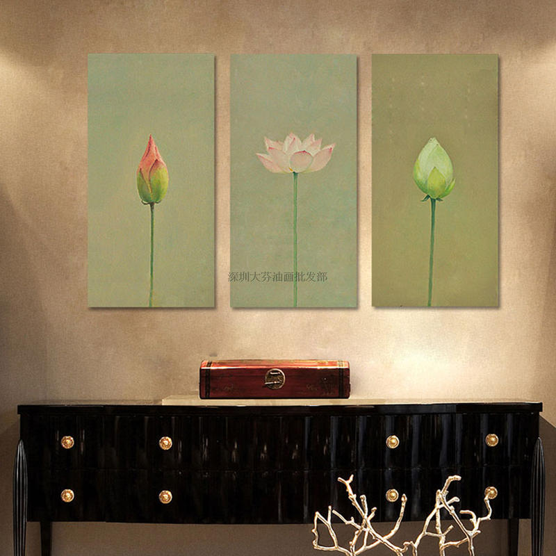 新中式客厅装饰画沙发背景墙玄关挂画餐厅壁画油画三联水墨画荷花图片