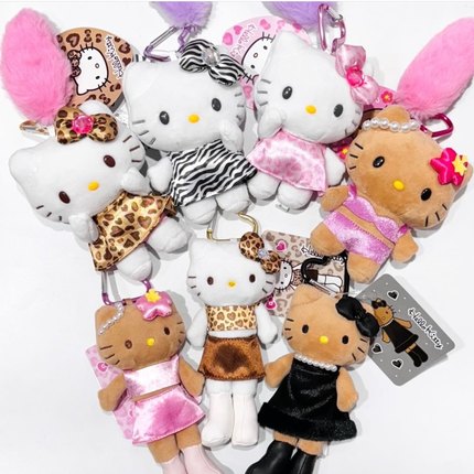 现货 日本NIC正品hellokitty平成辣妹爱心扣豹纹黑皮玩偶周边挂件