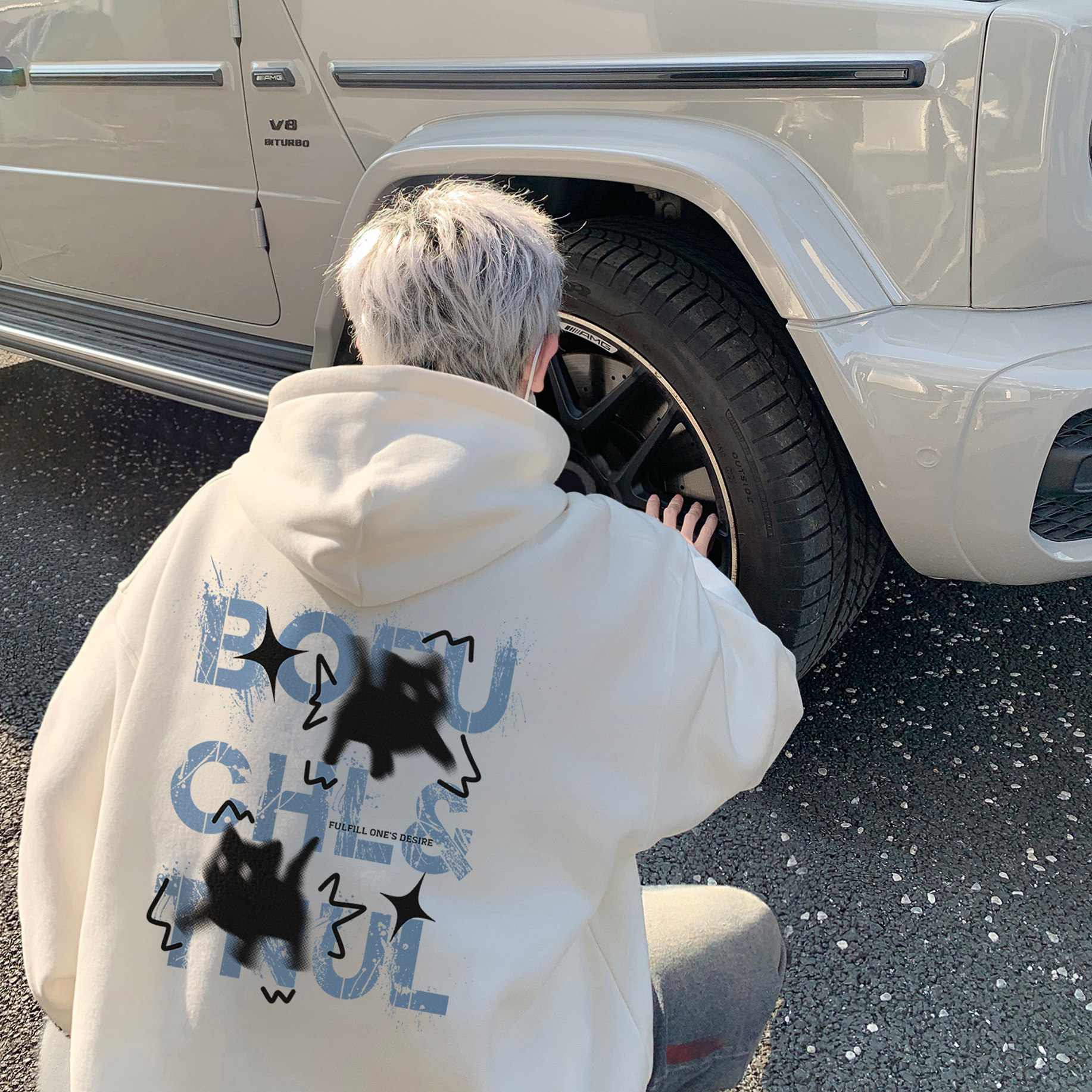 潮流字母猫猫模糊连帽卫衣A425-Q4008-P65控78面料65%棉35%聚酯图片