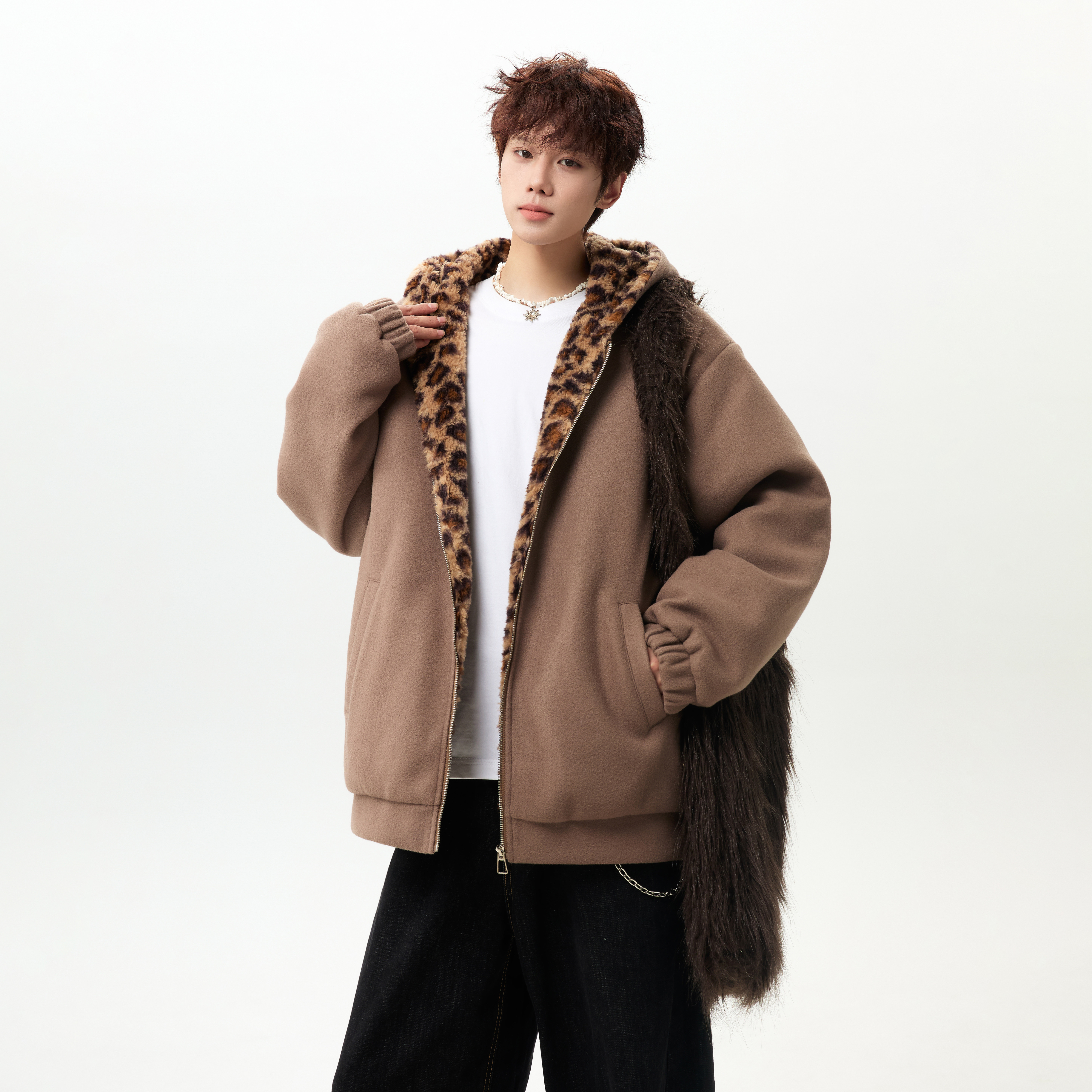 潮流呢料豹纹连帽开衫棉服外套A425-Y531-P138控188面料聚酯,男装棉衣,电商A425