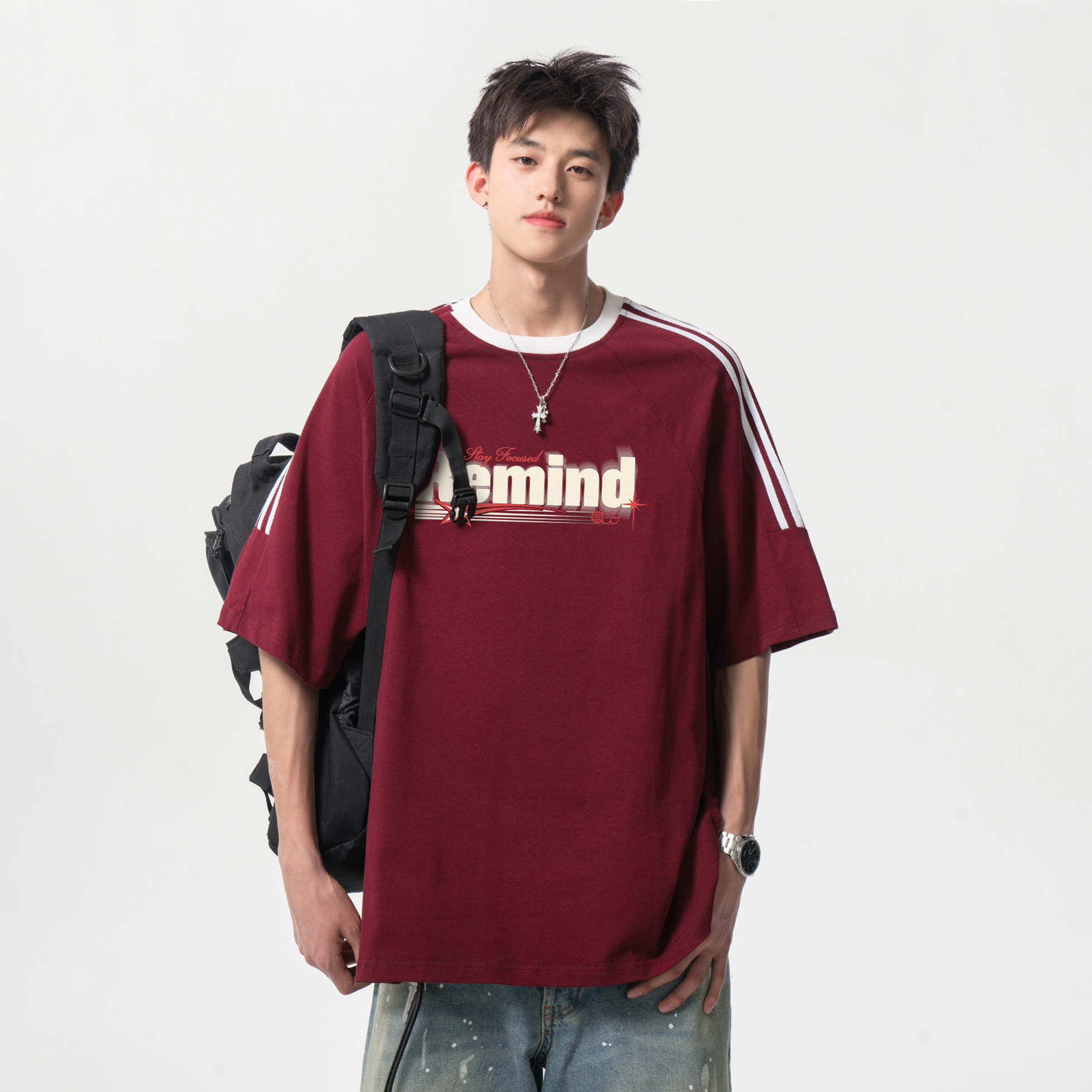 潮流模糊字母三条杠短袖T恤A425-T4190-P48控58面料100%棉，男装T恤，电商A425