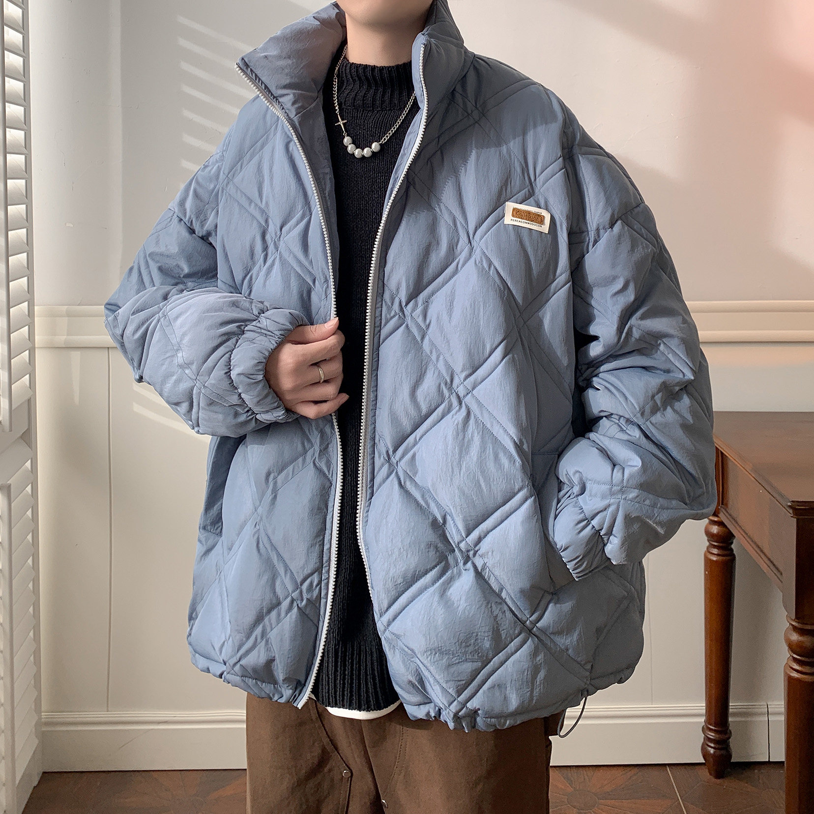 双线菱形格立领棉服外套A425-W939-P128控158,男装棉衣,电商A425