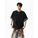 潮流拼接格子短袖T恤A425-T4215-P40控58面料50%棉42%涤8%氨纶，男装T恤，电商A425