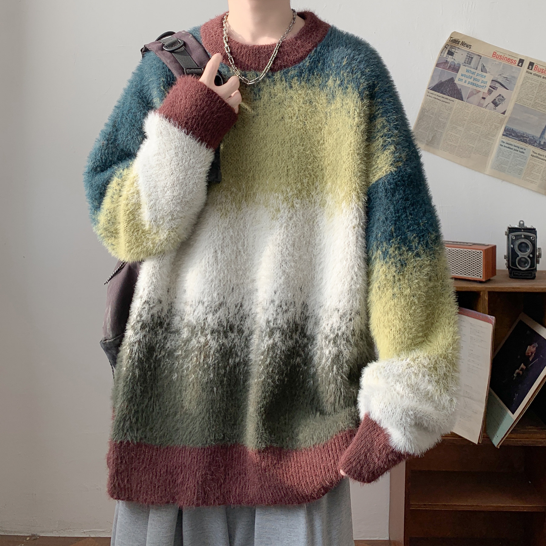 潮流慵懒感仿貂毛圆领毛衣A425-M26612-P78控98面料聚酯，男装针织衫/毛衣，电商A425