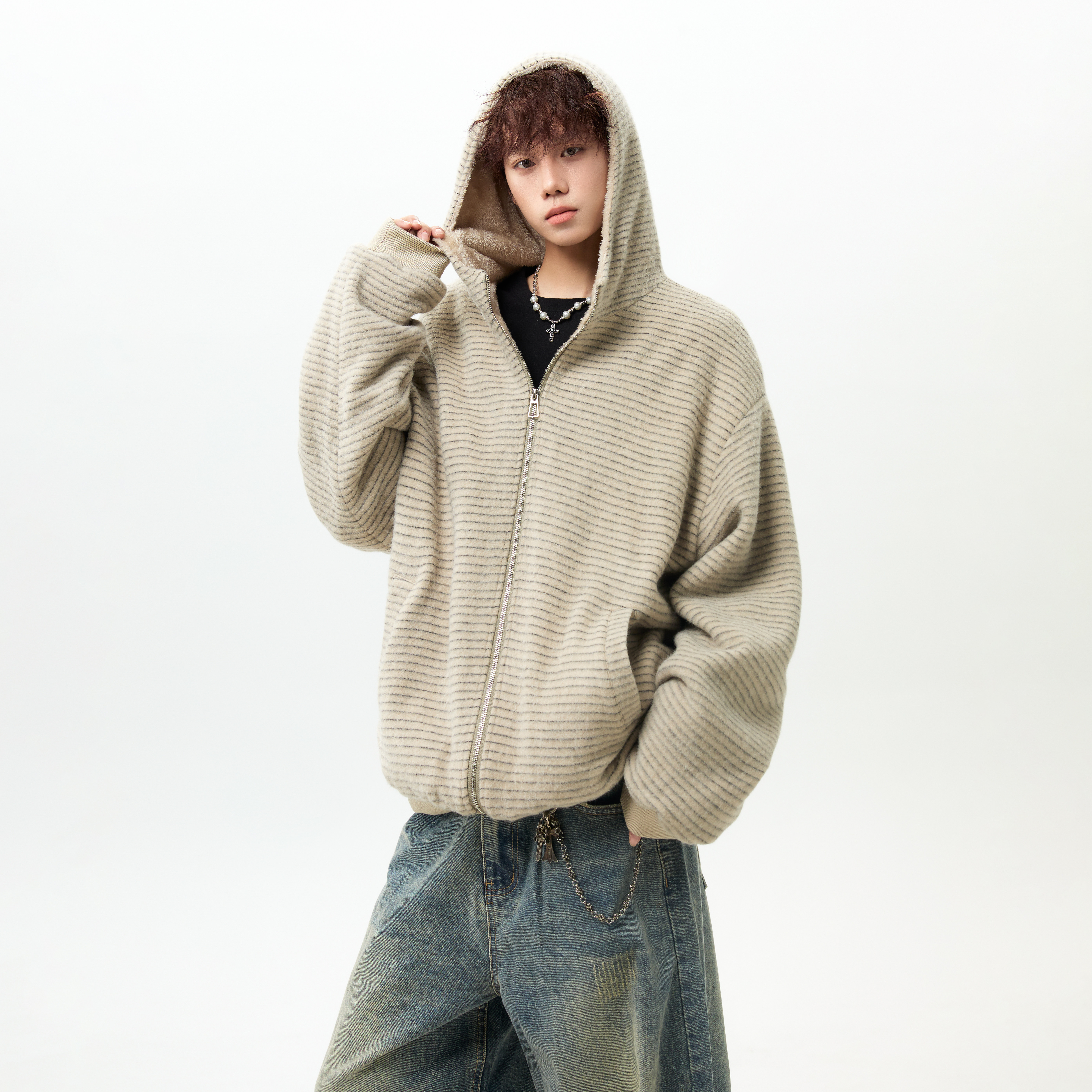 潮流条纹绒毛连帽外套棉服A425-Y532-P138控178面料聚酯,男装棉衣,电商A425